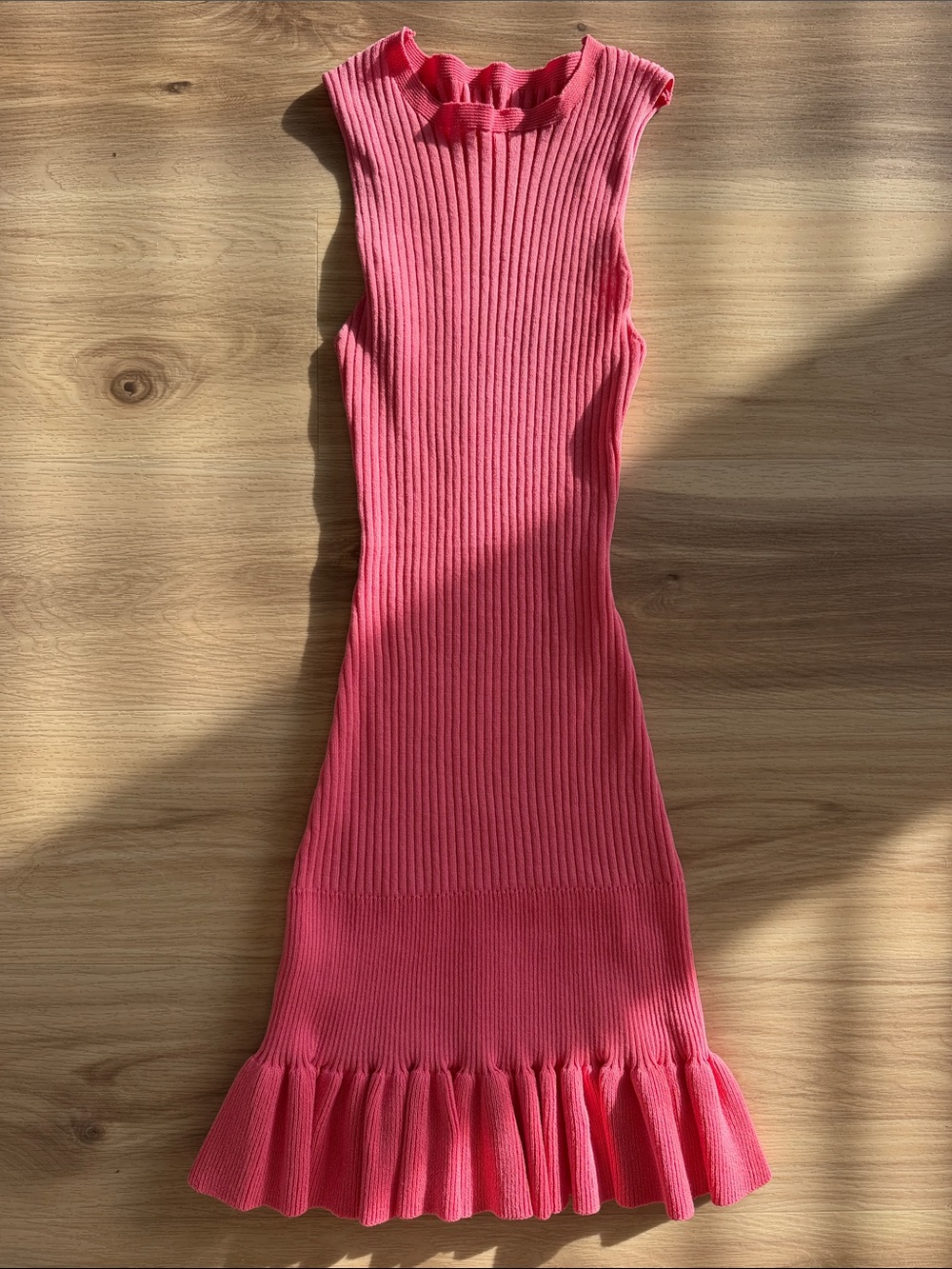 Sleeveless Ribbed Knit Dress in Bright Pink with Ruffle Hem